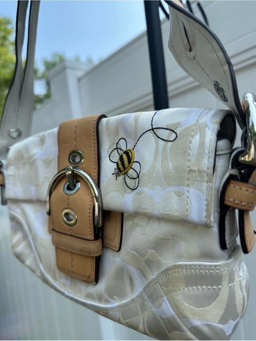 Coach Cream Signature Canvas Bee Accent Shoulder Bag